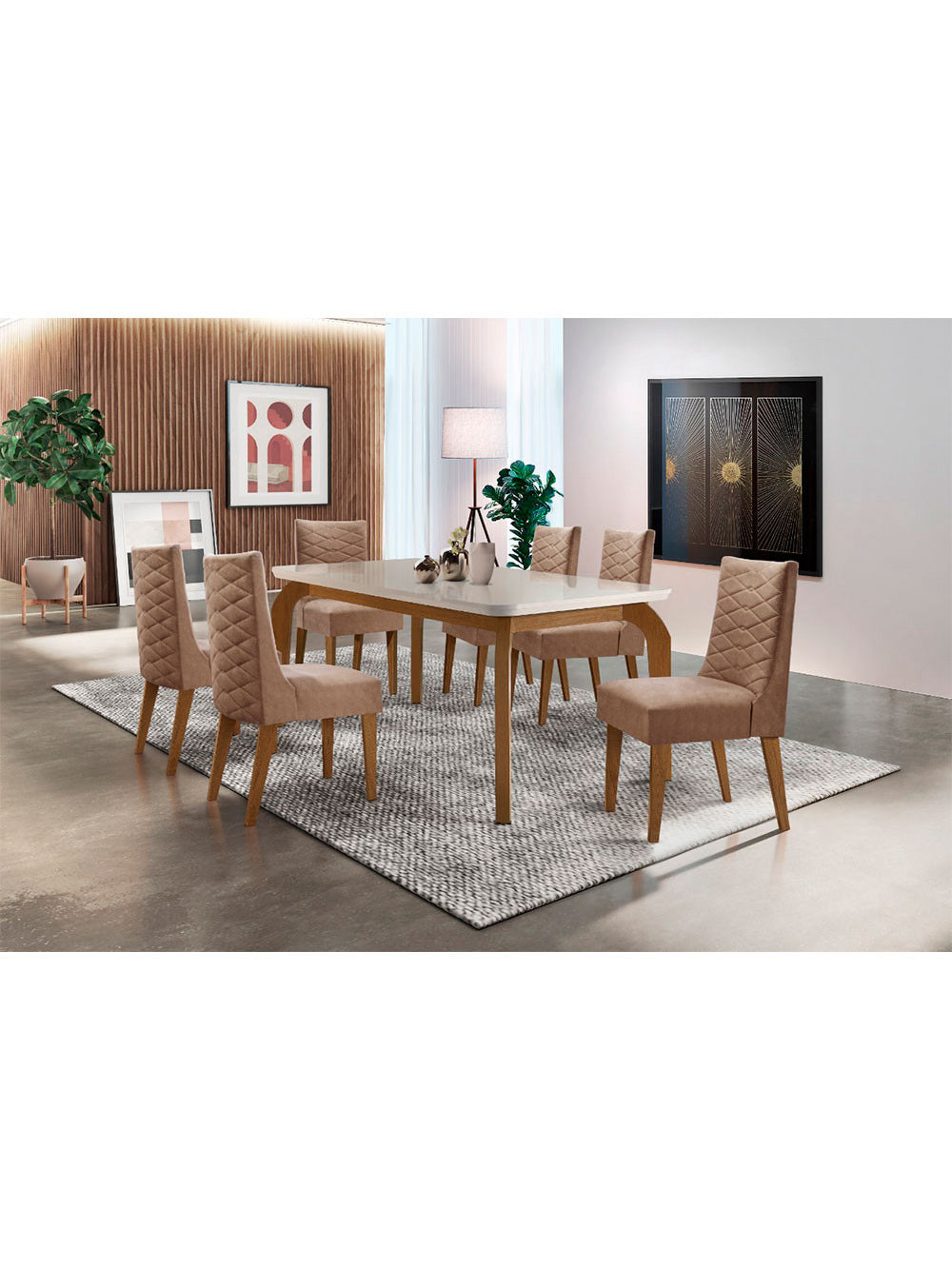 Sala De Jantar Liz 180 Tampo MDF Canto Reto Com 6 Cadeiras Safira Rufato - Anima. Choc./Off White /Imbuia