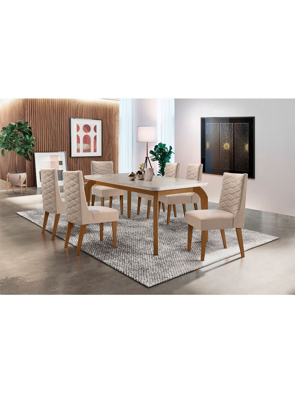Sala De Jantar Liz 180 Tampo MDF Canto Reto Com 6 Cadeiras Safira Rufato - Veludo Creme/Off White/Imbuia