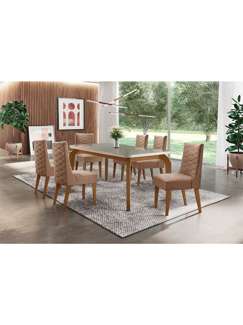 Sala De Jantar Liz 180 Tampo MDF Com Vidro Canto Reto 6 Cadeiras Safira Rufato