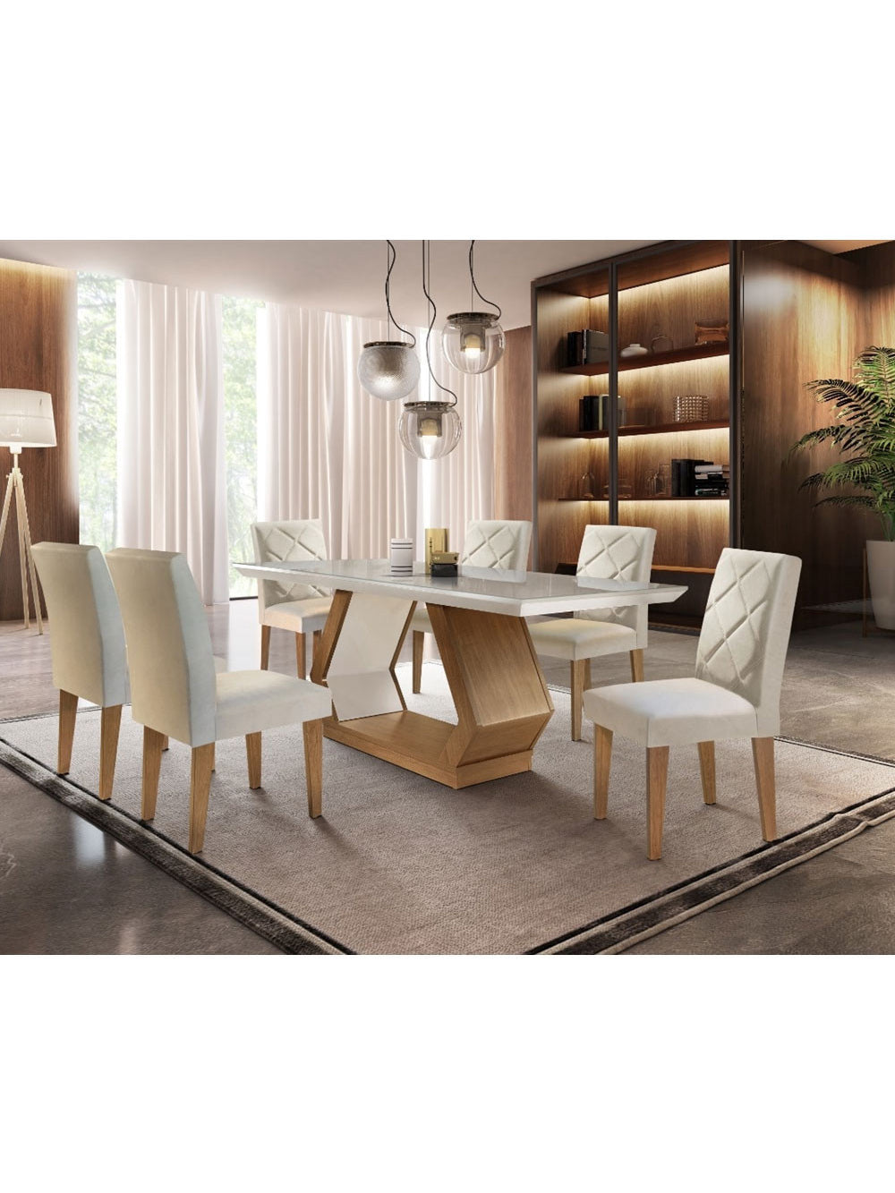 Conjunto Sala de Jantar Lara 6 Cadeiras Berlim Rufato - Veludo Creme/Off White/Imbuia