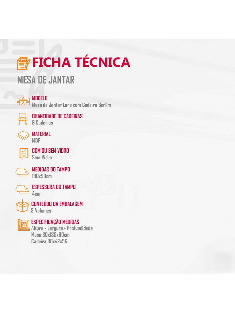 Conjunto Sala de Jantar Lara 6 Cadeiras Berlim Rufato