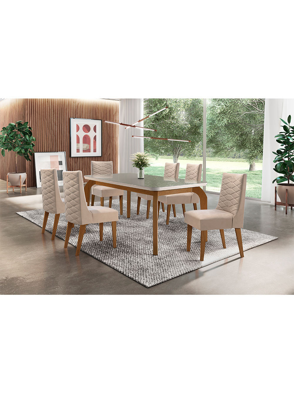 Sala De Jantar Liz 180 Tampo MDF Com Vidro Canto Reto 6 Cadeiras Safira Rufato - Veludo Creme/Off White/Imbuia/Serig. Off