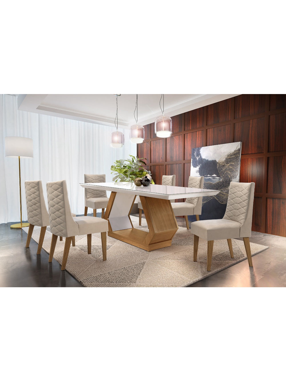 Sala de Jantar Lara 180cm em MDF e Vidro com 6 Cadeiras Safira - Veludo Creme/Off White/Imbuia/Serig. Off