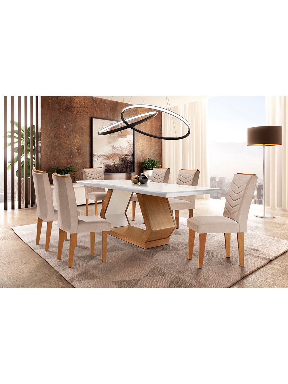 Sala de Jantar Alvorada com 6 Cadeiras Liz MDF Rufato - Linho Rustico/Off White/Imbuia