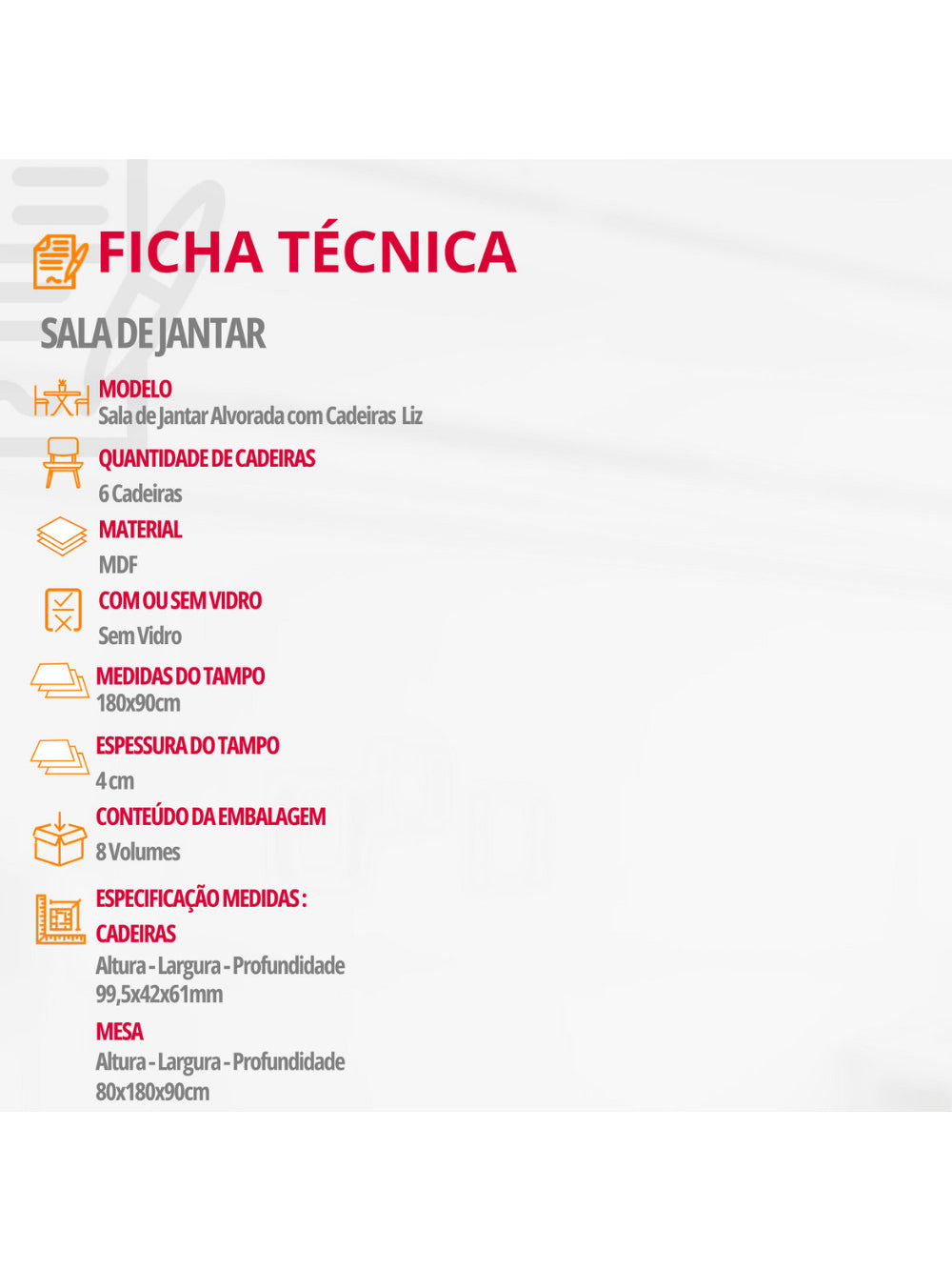 Sala de Jantar Alvorada com 6 Cadeiras Liz MDF Rufato