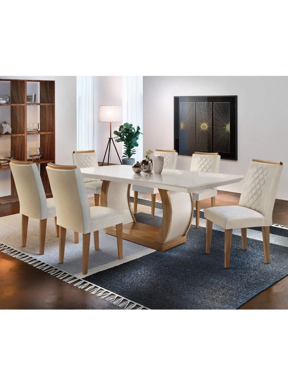 Conjunto Sala de Jantar Mesa Milena 180 com 6 cadeiras Milena Rufato - Off White/Imbuia/Veludo creme