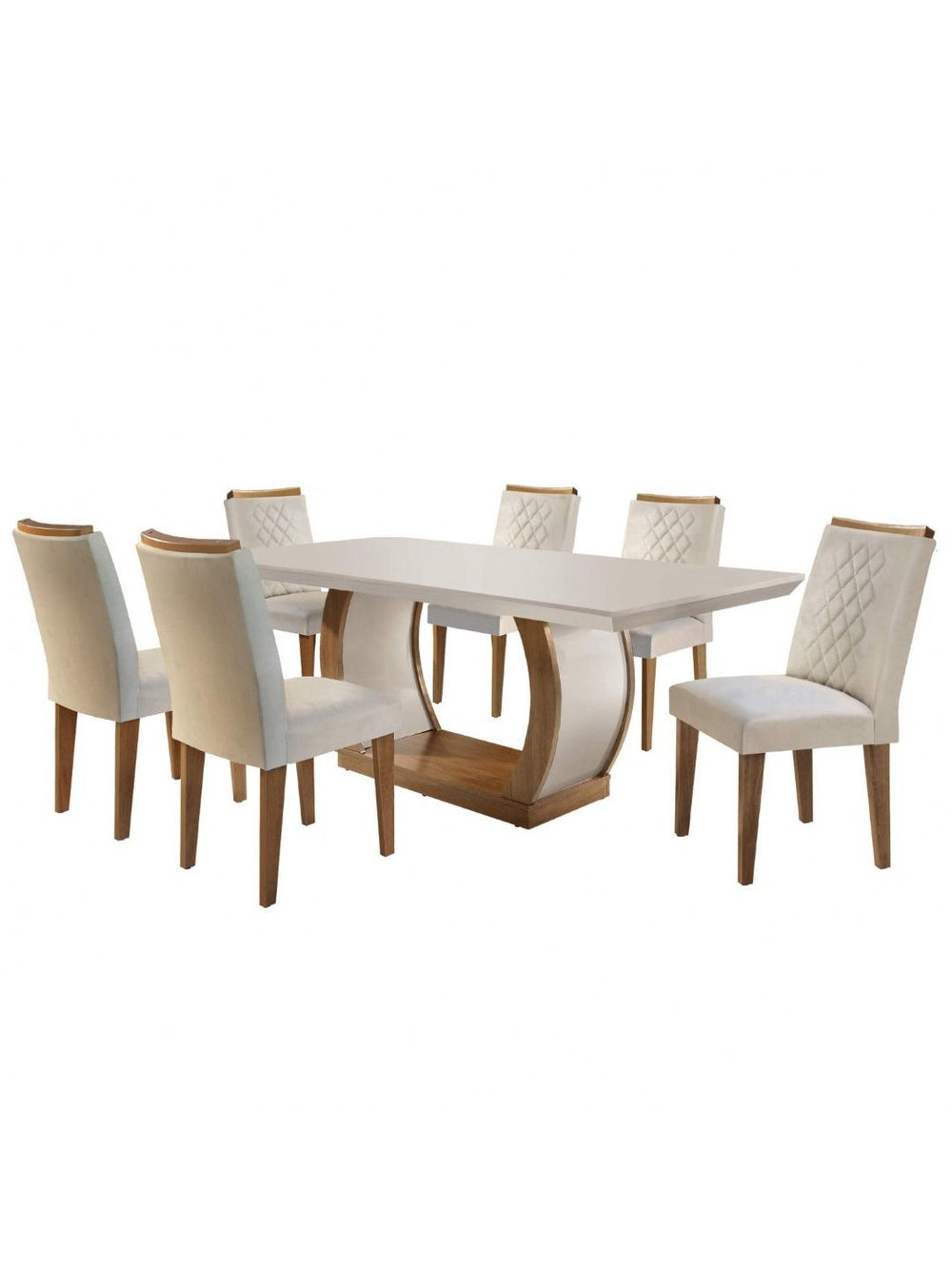 Conjunto Sala de Jantar Mesa Milena 180 com 6 cadeiras Milena Rufato - Off White/Imbuia/Veludo creme