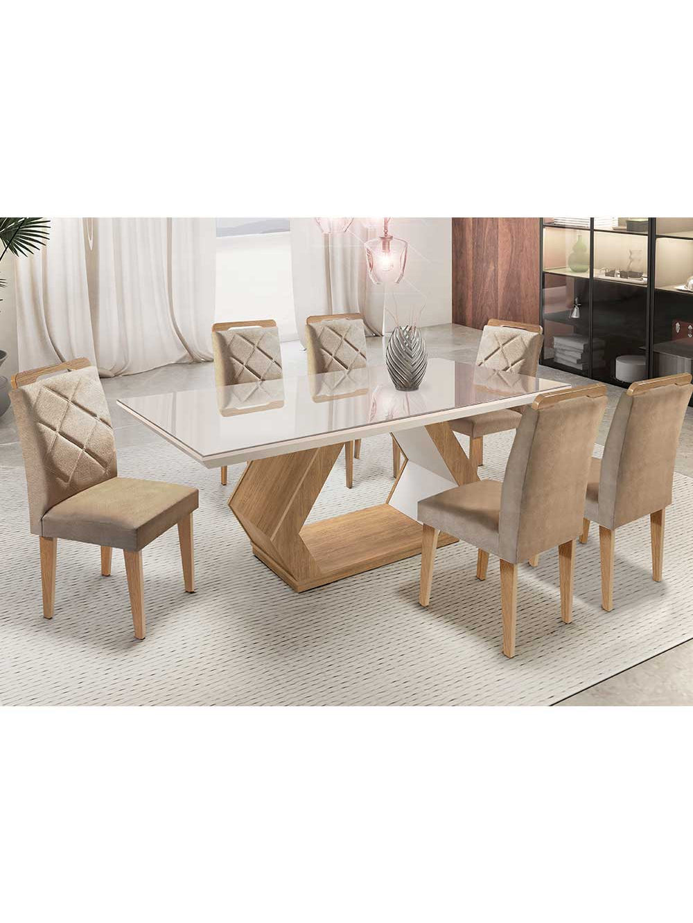 Mesa Alvorada 180 Tp Mdf Vidro canto Reto 6 Cadeiras Rufato - Animale e imbuia e off Serig Off