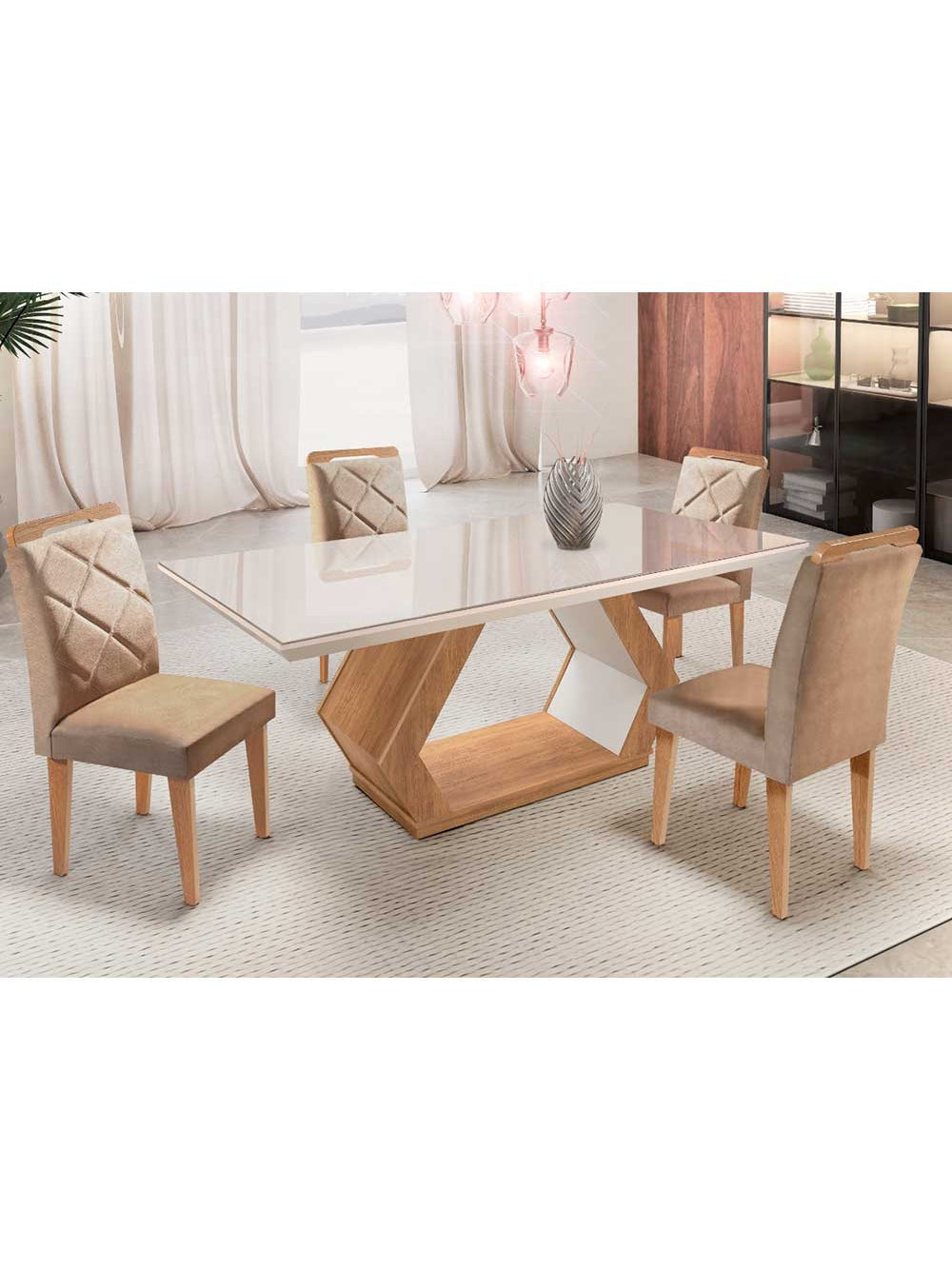 Mesa Alvorada 180 Tp Mdf Vidro canto Reto 4 Cadeiras Rufato - Animale e imbuia e off Serig Off