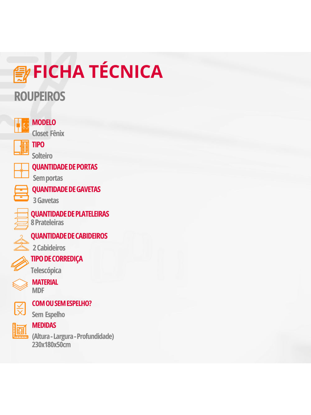 Closet Solteiro Fenix com 3 Gavetas e 8 Prateleiras MDF Rufato