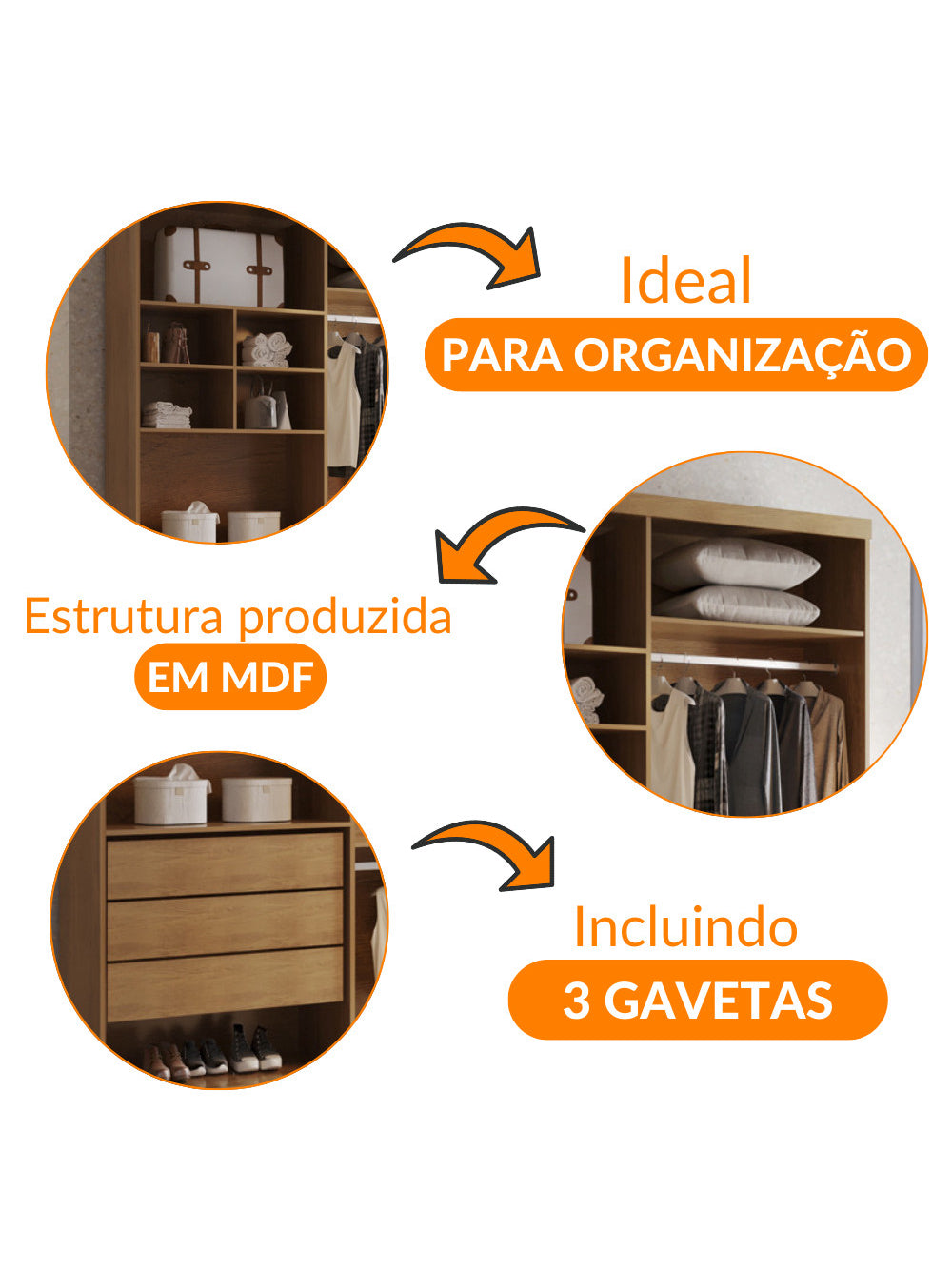 Closet Solteiro Fenix com 3 Gavetas e 8 Prateleiras MDF Rufato
