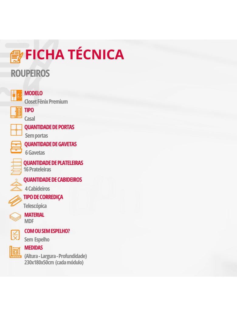 Closet Casal Fenix Premium 6 Gavetas 16 Prateleiras MDF Rufato