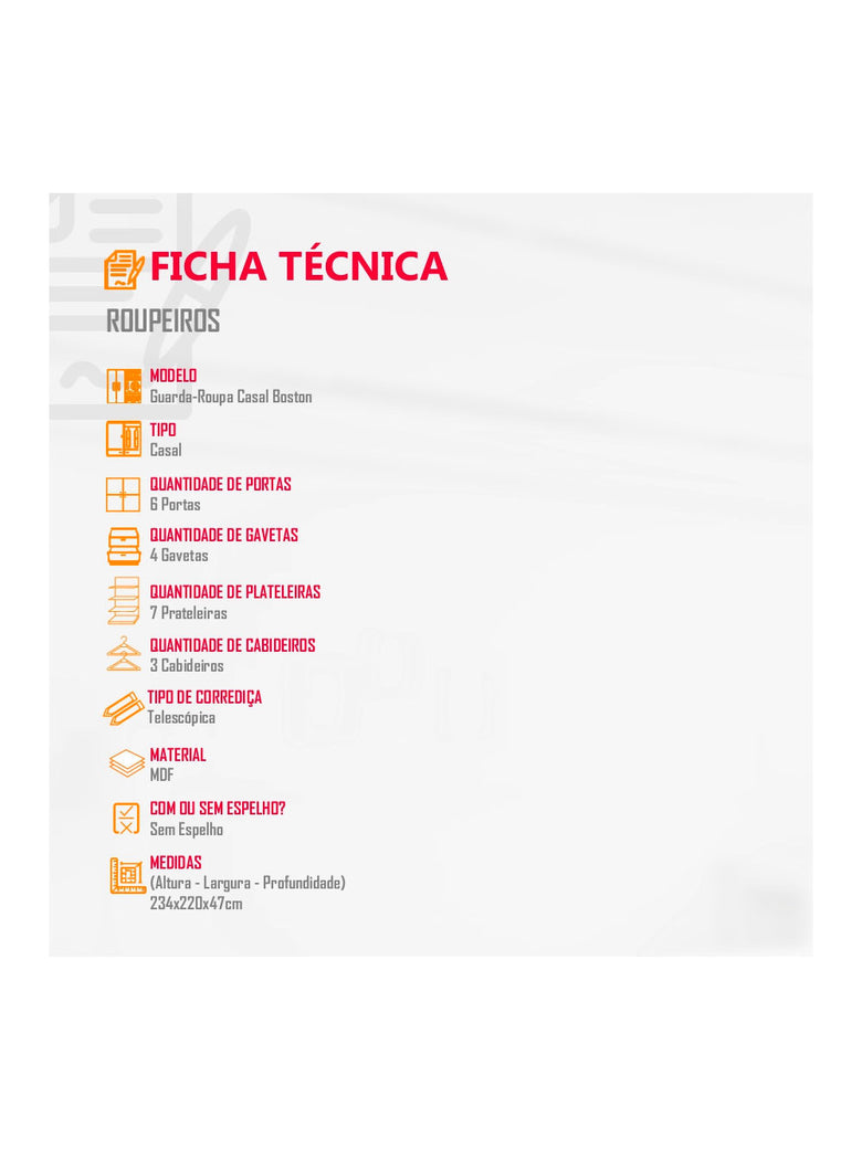 Guarda Roupa Casal Boston 6 Portas e 4 Gavetas MDF Moderna