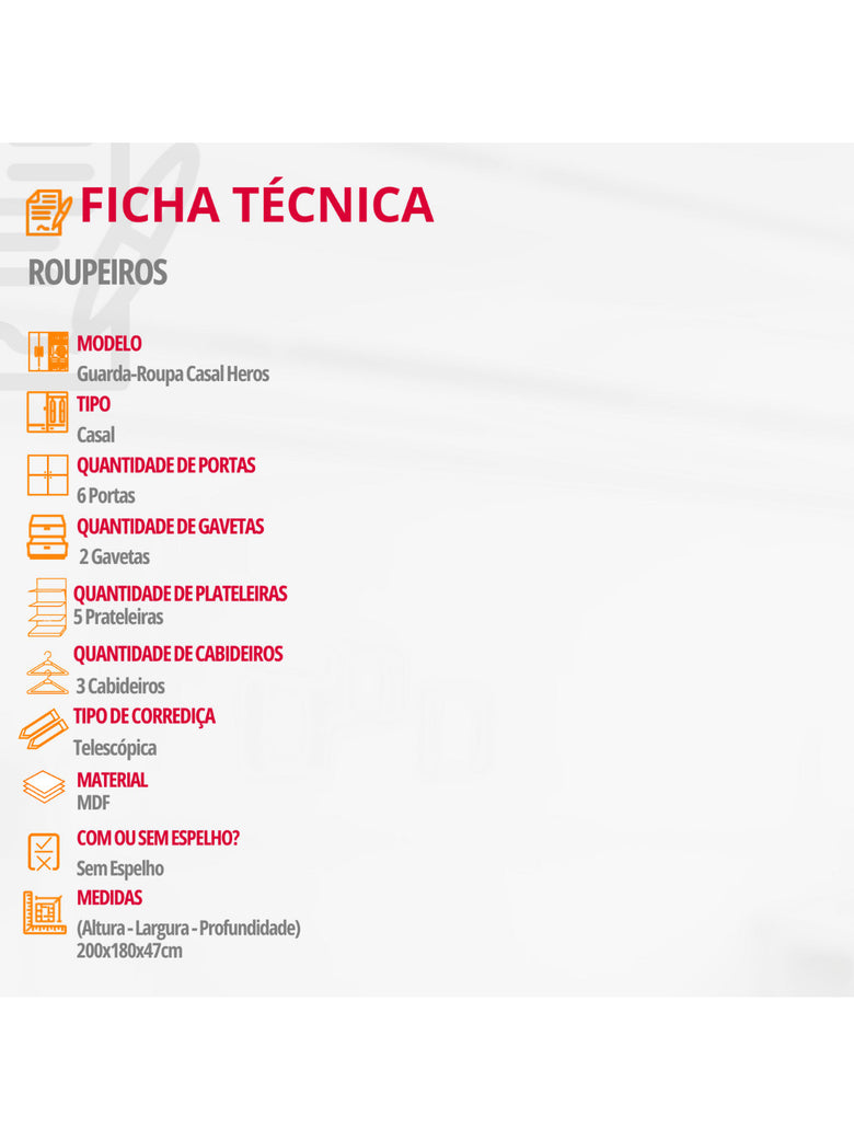 Guarda Roupa Casal Heros 6 Portas e 2 Gavetas MDF Moderna