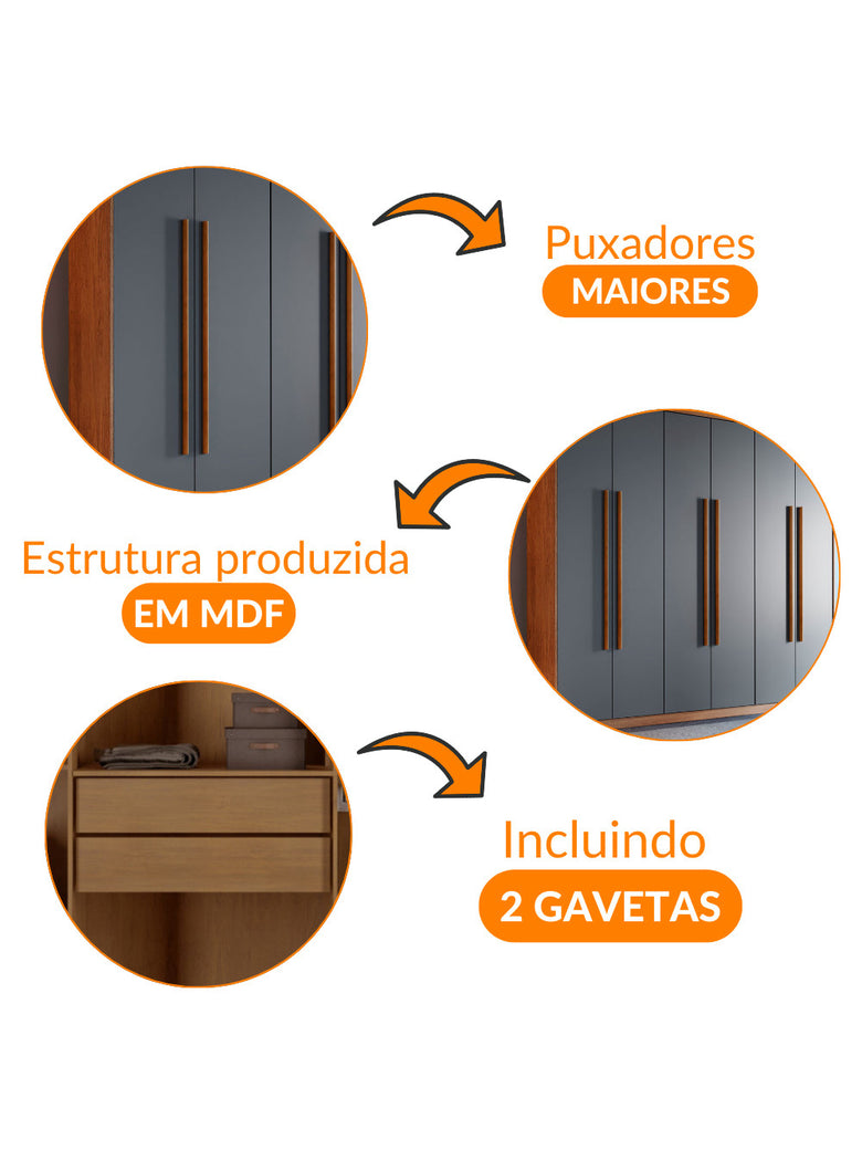 Guarda Roupa Casal Heros 6 Portas e 2 Gavetas MDF Moderna