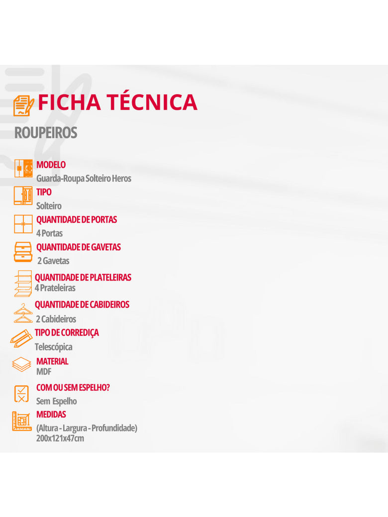 Guarda Roupa Solteiro Heros 4 Portas e 2 Gavetas MDF Moderna