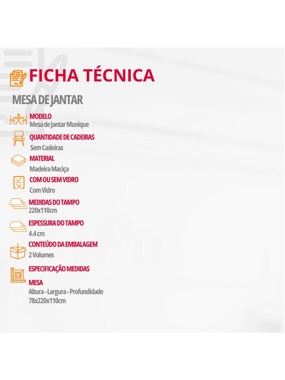 Mesa de Jantar Munique 220cm Madeira com Vidro Mobillare