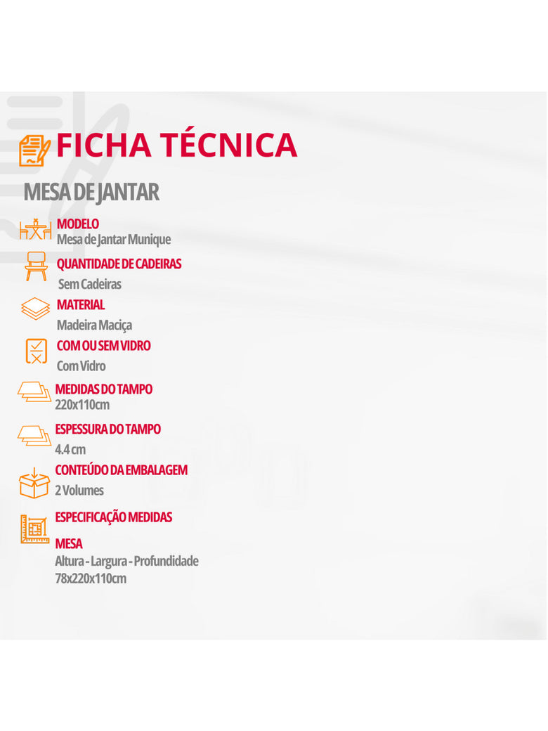 Mesa de Jantar Munique 220cm Madeira com Vidro Mobillare