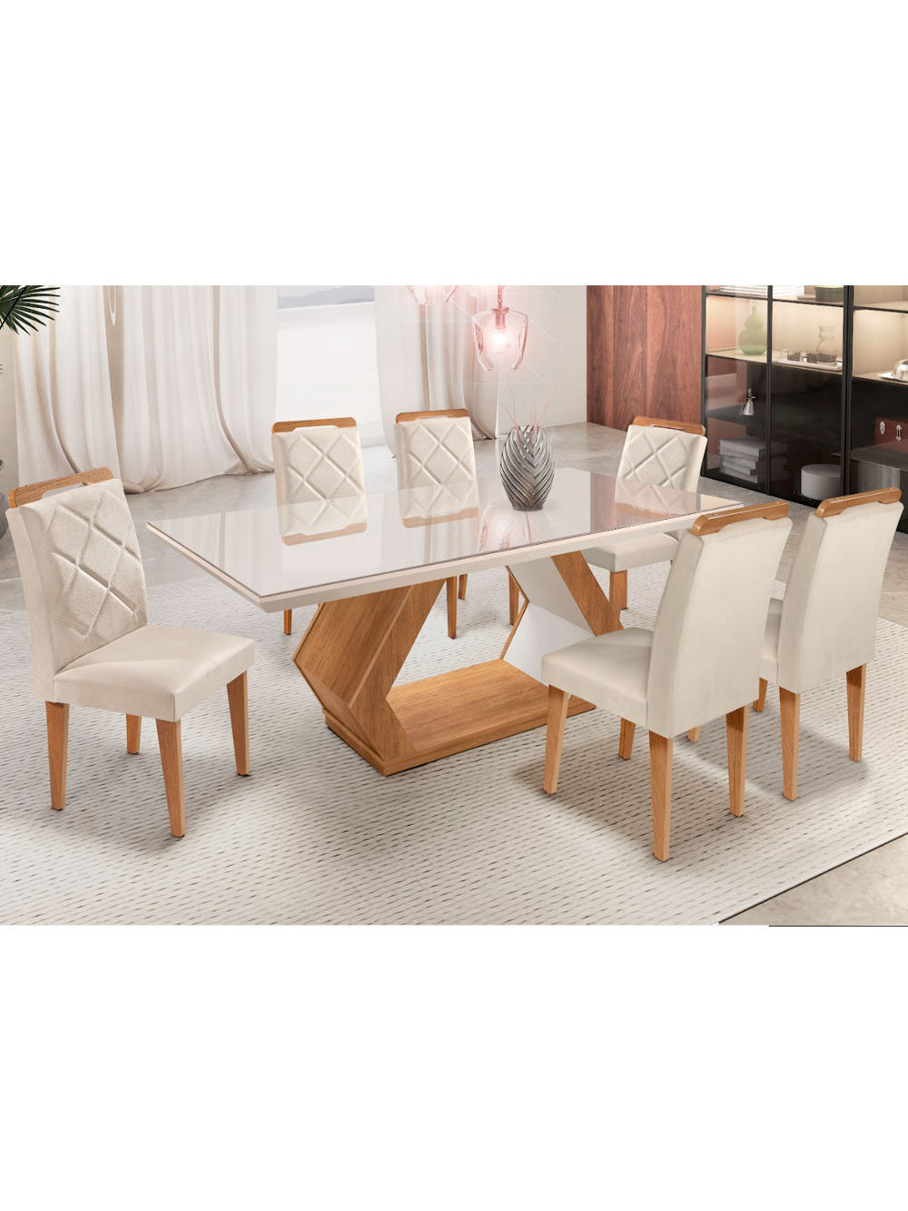 Mesa Alvorada 180 Tp Mdf Vidro canto Reto 6 Cadeiras Rufato - Veludo Creme/Off White/Imbuia/Serig. Off