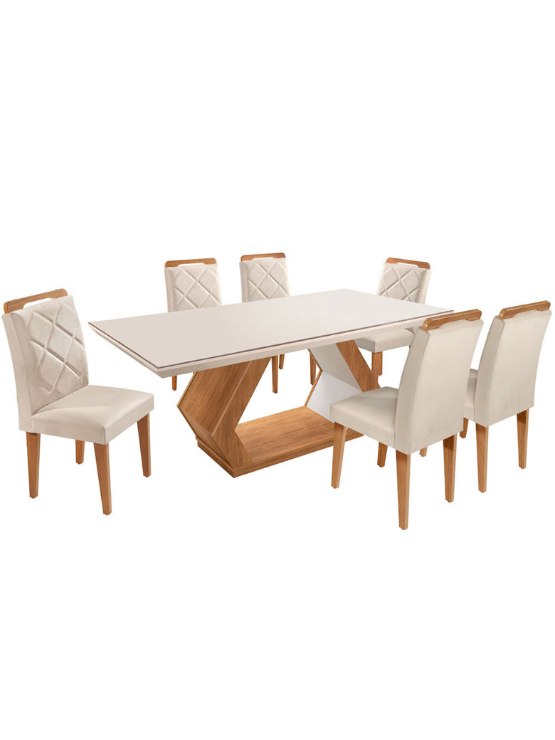 Mesa Alvorada 180 Tp Mdf Vidro canto Reto 6 Cadeiras Rufato