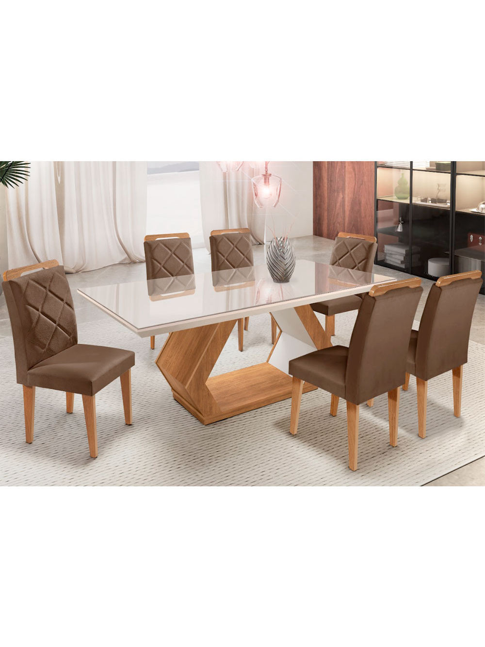 Mesa Alvorada 180 Tp Mdf Vidro canto Reto 6 Cadeiras Rufato - Turim/Off White/Imbuia/Serig. Off White