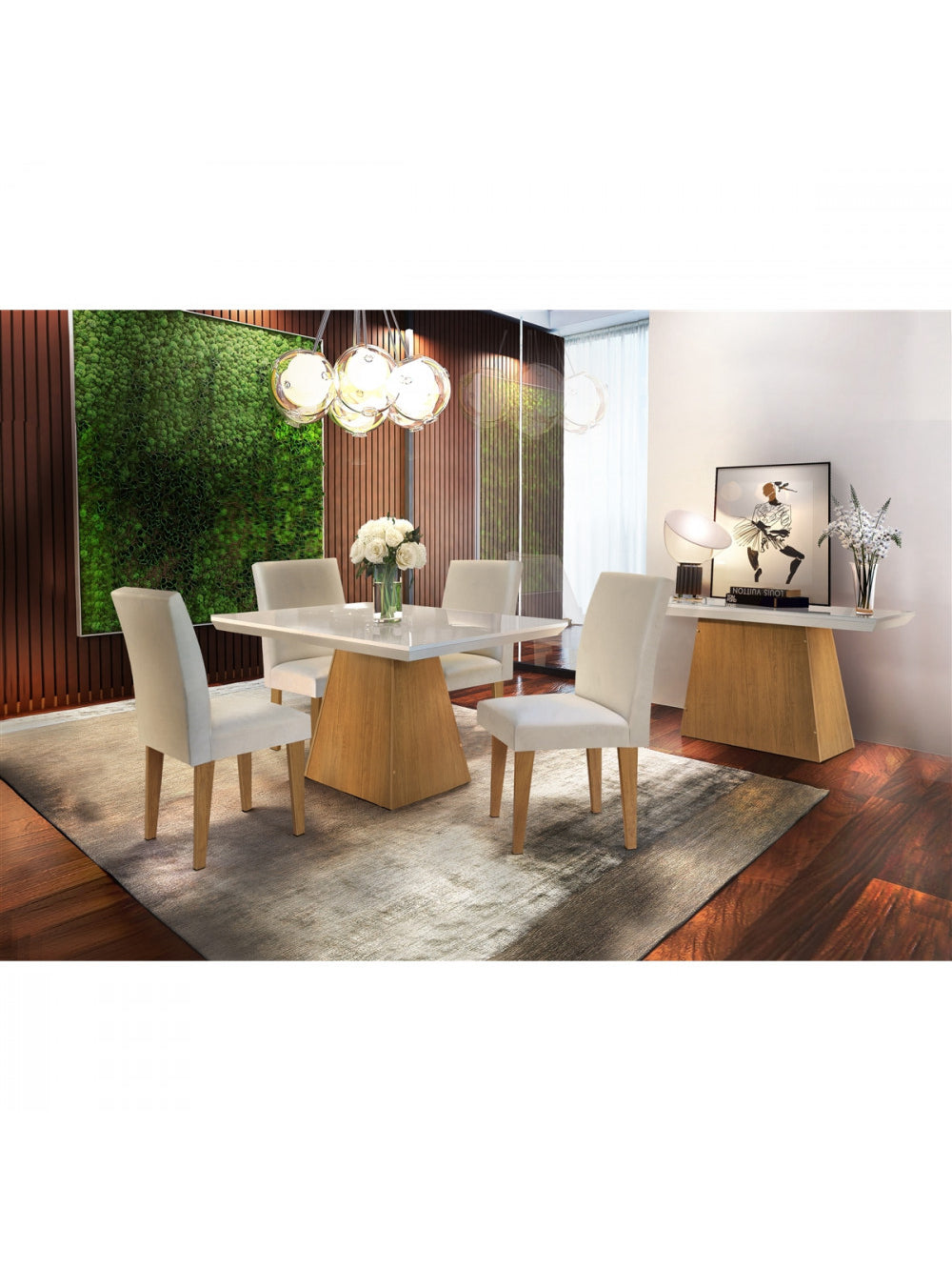 Conjunto Sala de Jantar Luna 120 MDF Com 4 cadeiras Grécia - Imbuia/Off white/Veludo Creme