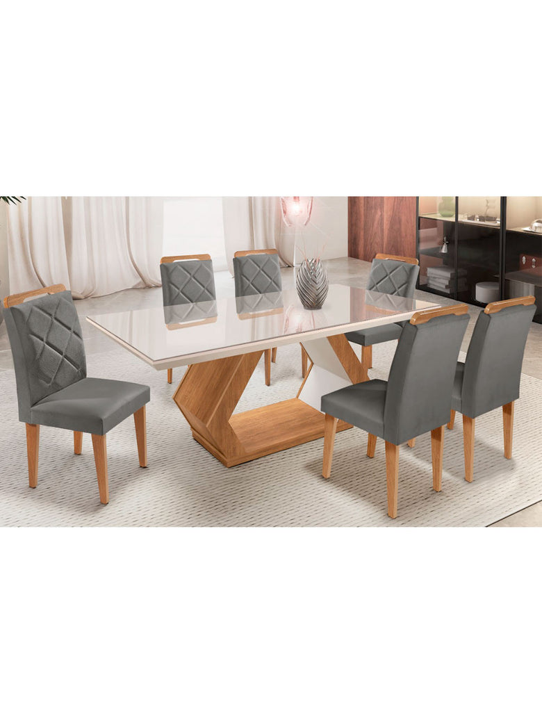 Mesa Alvorada 180 Tp Mdf Vidro canto Reto 6 Cadeiras Rufato