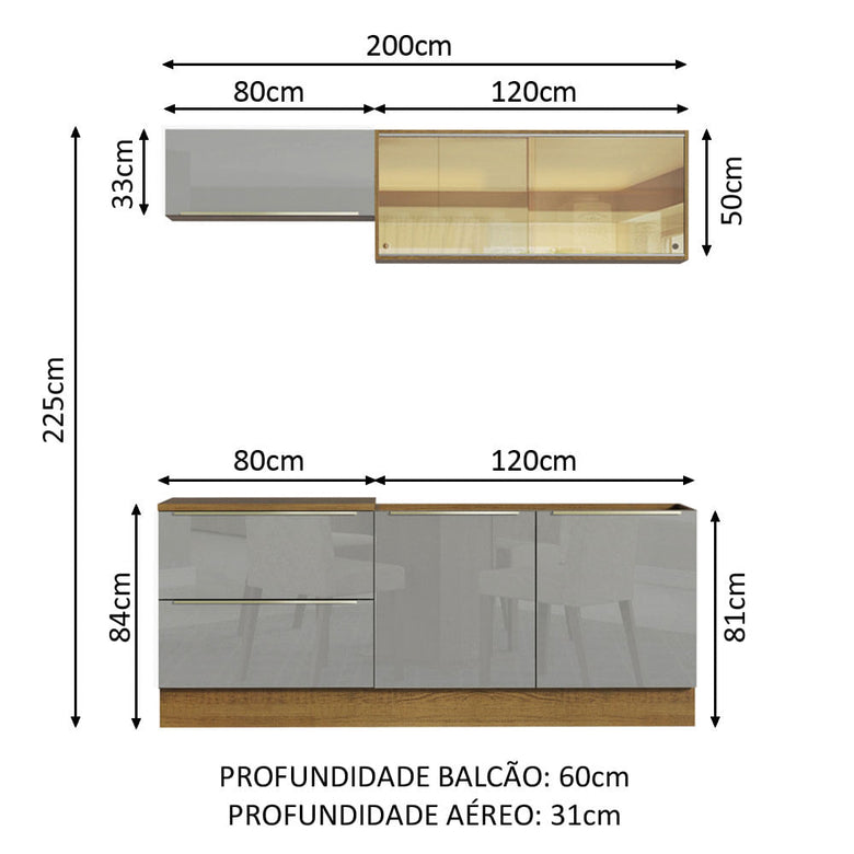 Armário de Cozinha Compacta 200cm Rustic/Cinza Lux Madesa 01