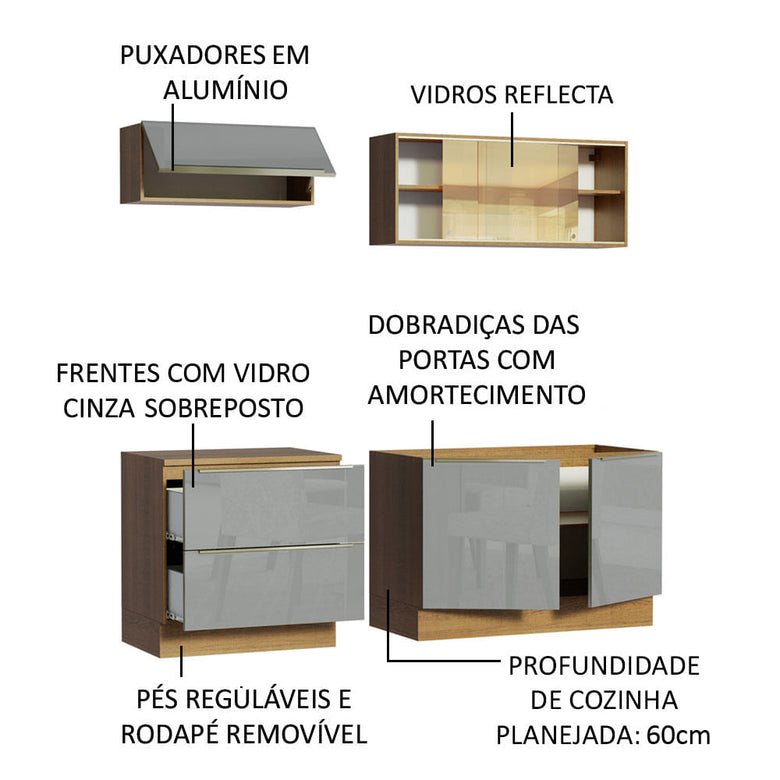 Armário de Cozinha Compacta 200cm Rustic/Cinza Lux Madesa 01