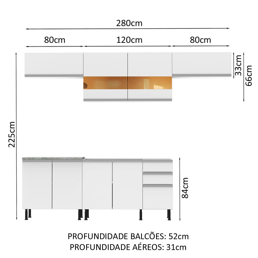 Armário de Cozinha Completa 280cm Branco Mariana Madesa 02SR - Branco