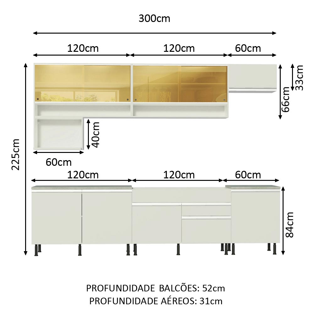 Armário de Cozinha Completa 300cm Branco Verona Madesa 01SR