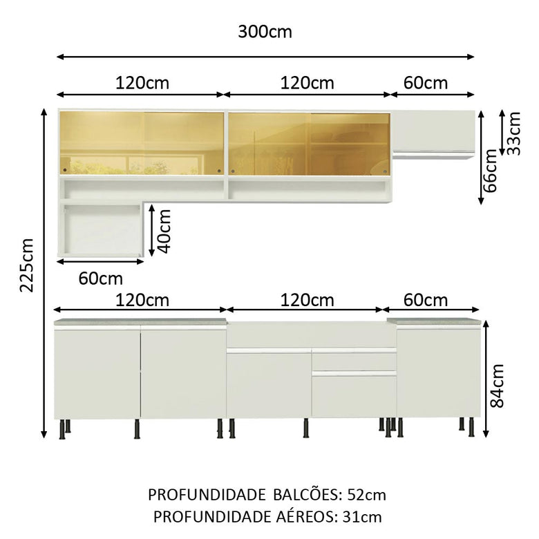 Armário de Cozinha Completa 300cm Branco Verona Madesa 01SR