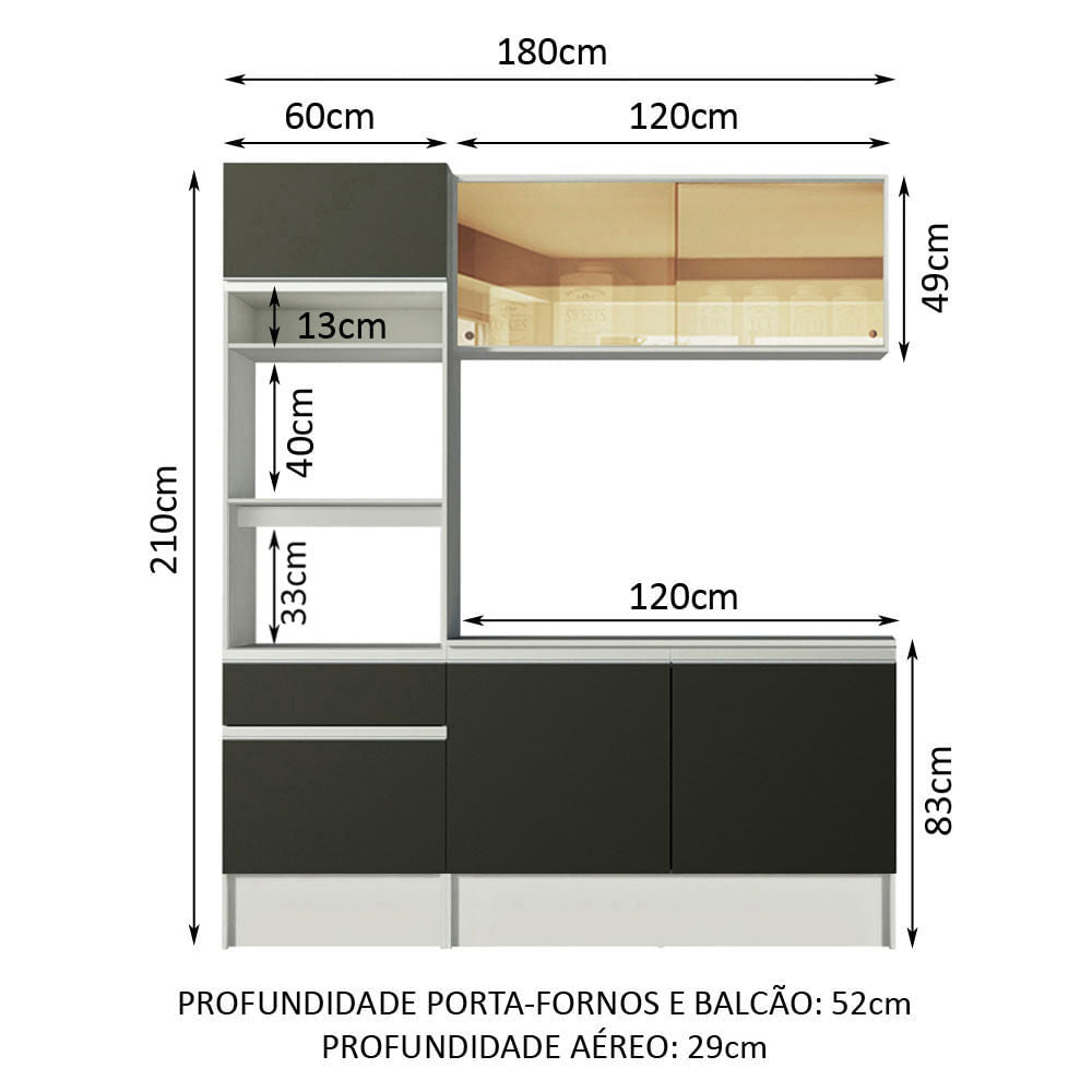 Armário de Cozinha Compacta 180cm Branco/Preto Diamante Madesa 86