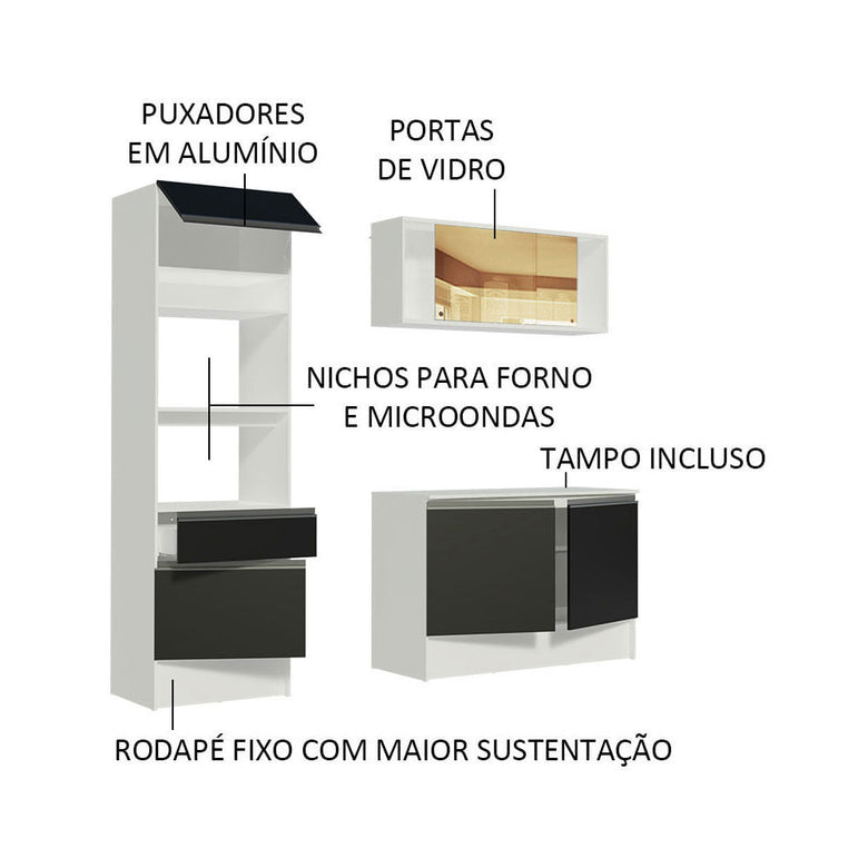 Armário de Cozinha Compacta 180cm Branco/Preto Diamante Madesa 86