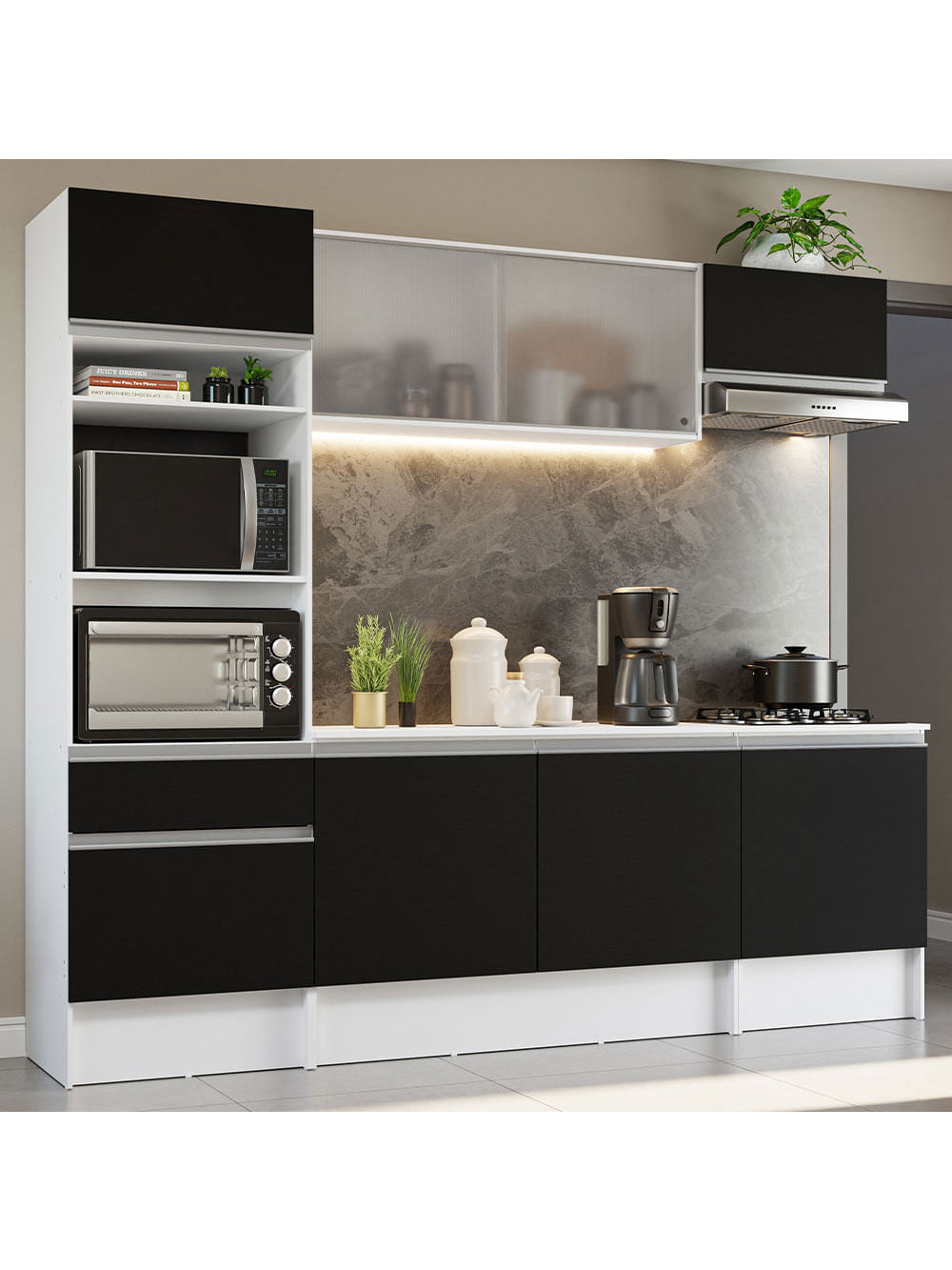 Armário de Cozinha Completa 240cm Branco/Preto Topazio Madesa - Branco/Preto