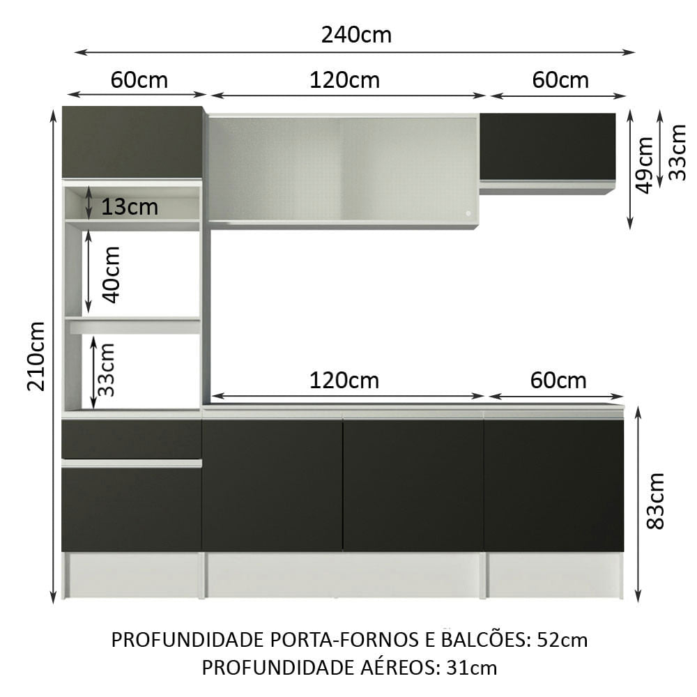 Armário de Cozinha Completa 240cm Branco/Preto Topazio Madesa