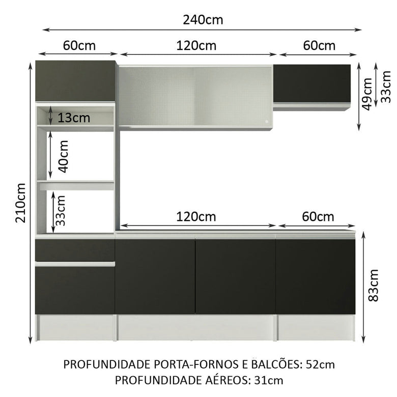 Armário de Cozinha Completa 240cm Branco/Preto Topazio Madesa