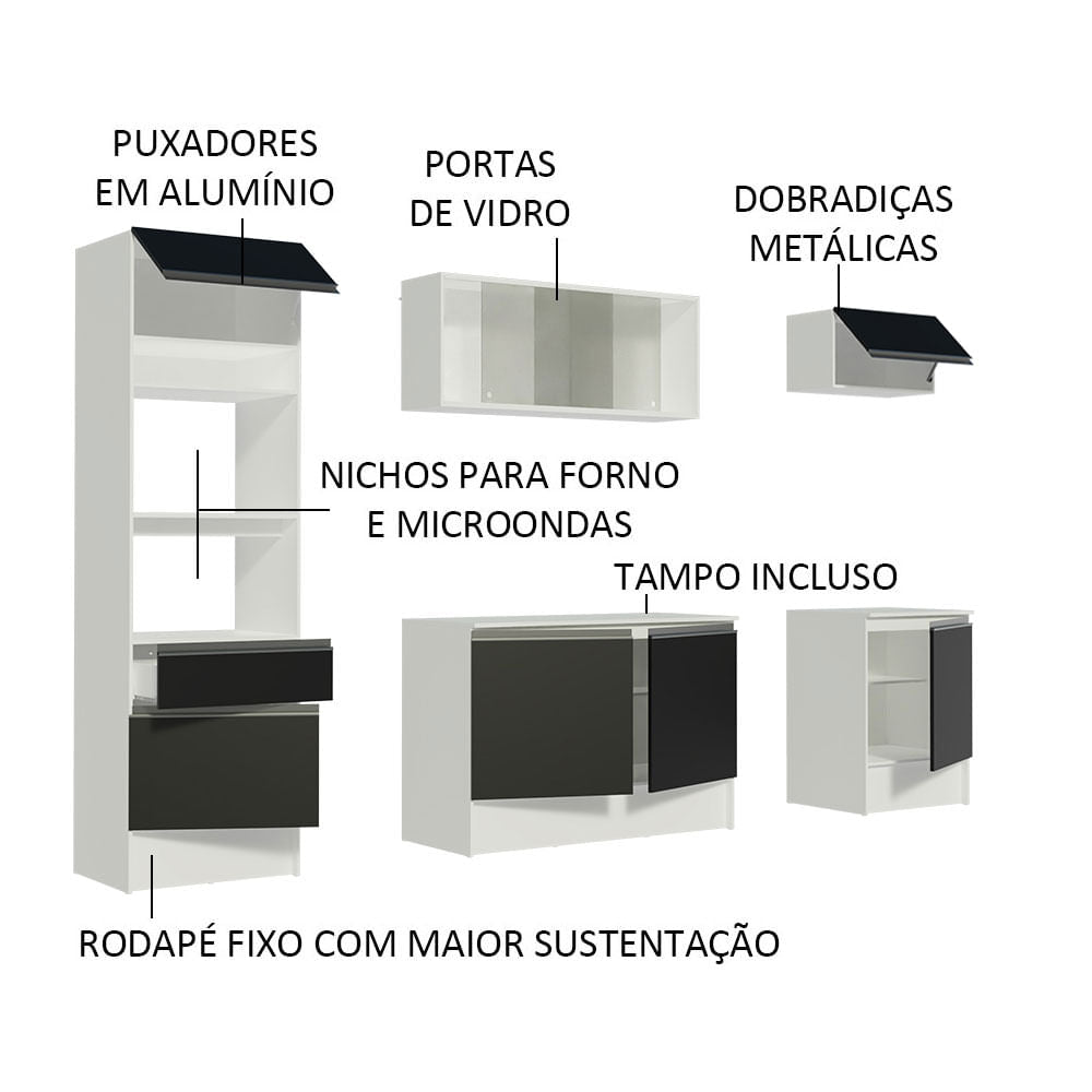 Armário de Cozinha Completa 240cm Branco/Preto Topazio Madesa
