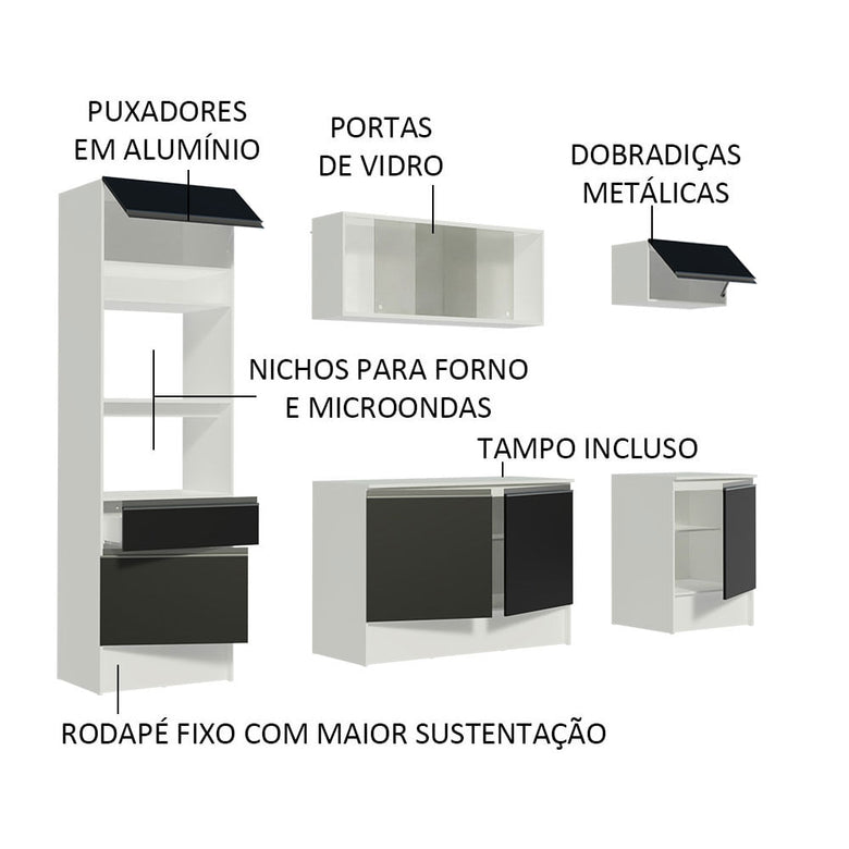 Armário de Cozinha Completa 240cm Branco/Preto Topazio Madesa