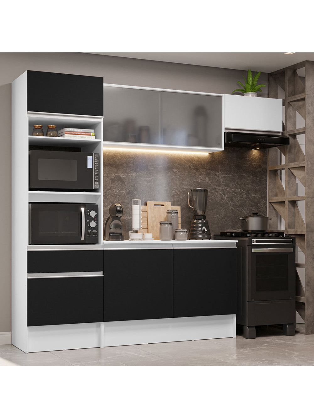 Armário de Cozinha Completa 240cm Branco/Preto/Branco Topazio Madesa 01 - Branco/Preto/Branco