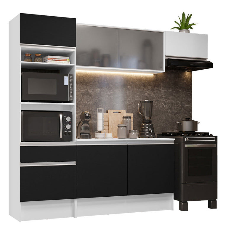 Armário de Cozinha Completa 240cm Branco/Preto/Branco Topazio Madesa 01
