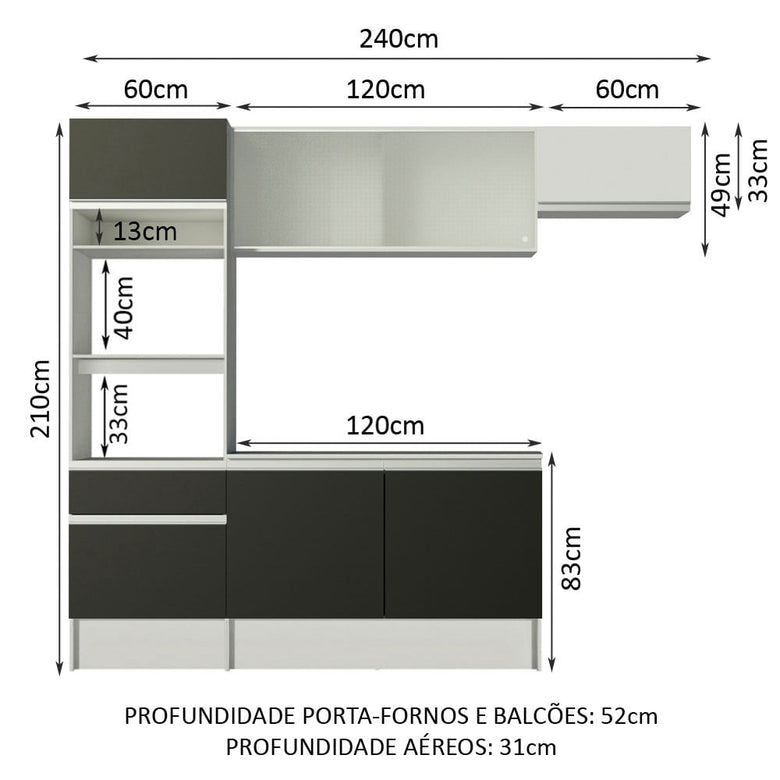 Armário de Cozinha Completa 240cm Branco/Preto/Branco Topazio Madesa 01