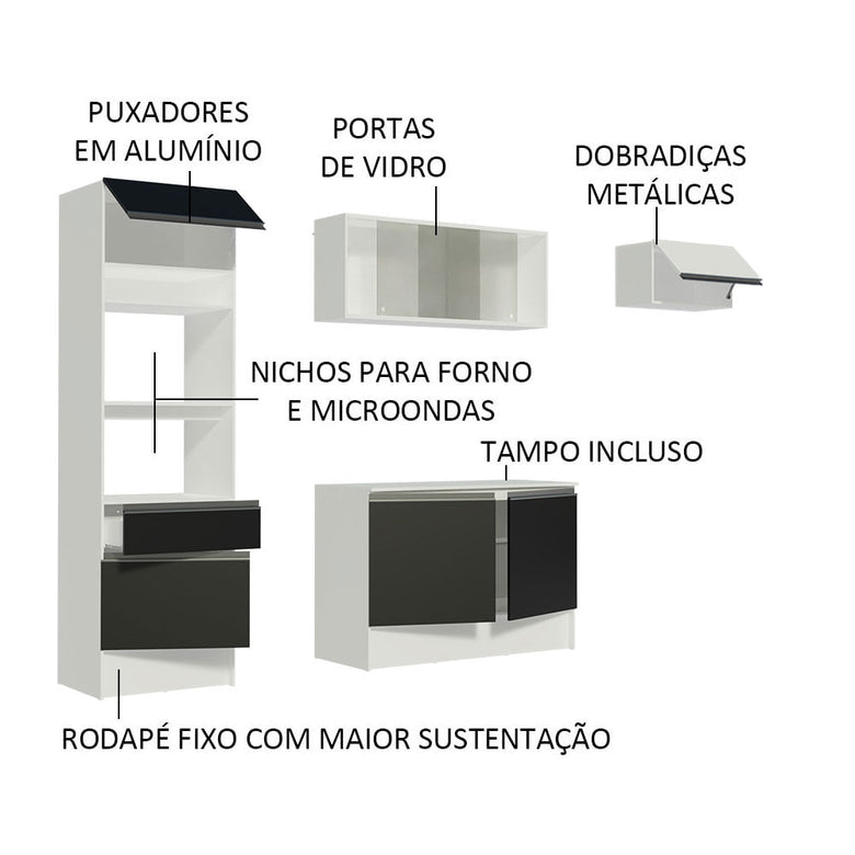 Armário de Cozinha Completa 240cm Branco/Preto/Branco Topazio Madesa 01