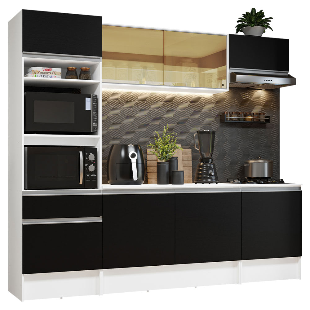 Armário de Cozinha Completa 240cm Branco/Preto Diamante Madesa - Branco/Preto