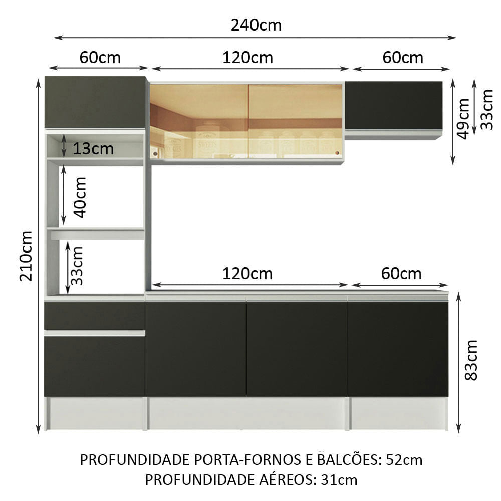 Armário de Cozinha Completa 240cm Branco/Preto Diamante Madesa