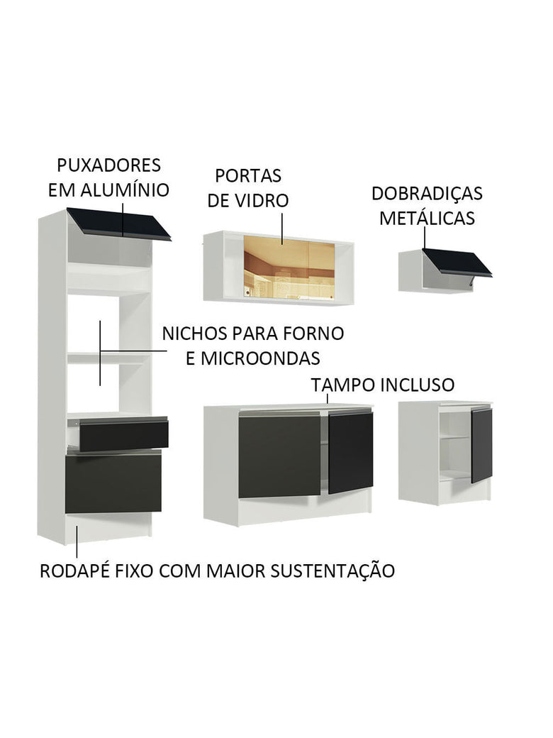 Armário de Cozinha Completa 240cm Branco/Preto Diamante Madesa