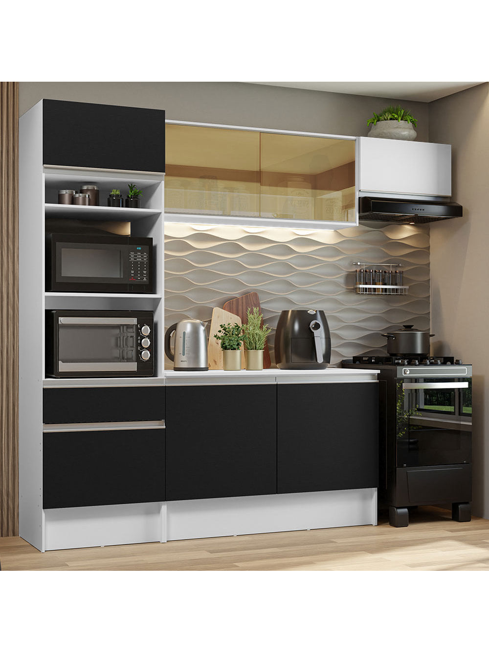 Armário de Cozinha Completa 240cm Branco/Preto/Branco Diamante Madesa 02 - Branco/Preto/Branco