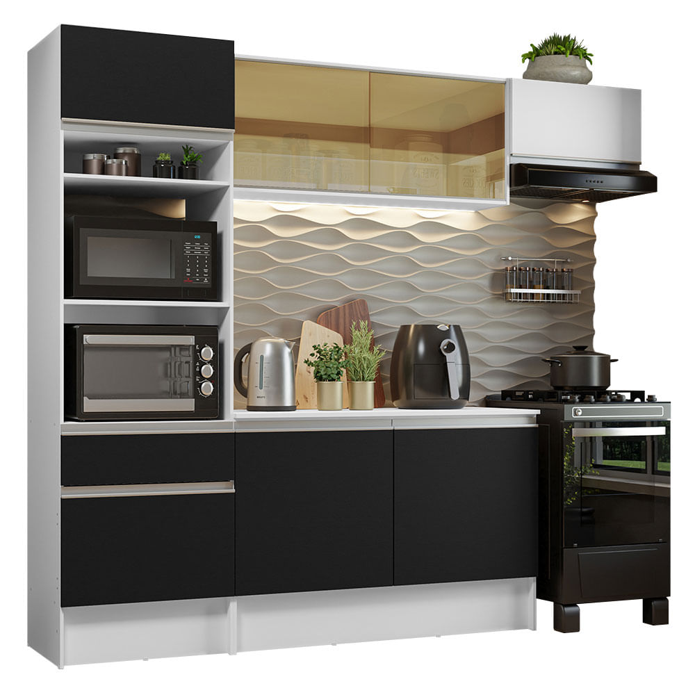Armário de Cozinha Completa 240cm Branco/Preto/Branco Diamante Madesa 02 - Branco/Preto/Branco