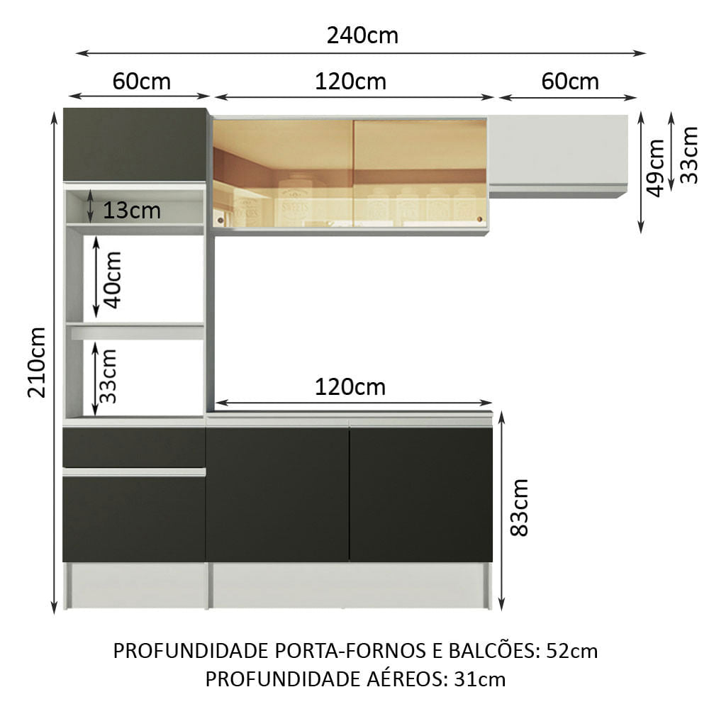 Armário de Cozinha Completa 240cm Branco/Preto/Branco Diamante Madesa 02