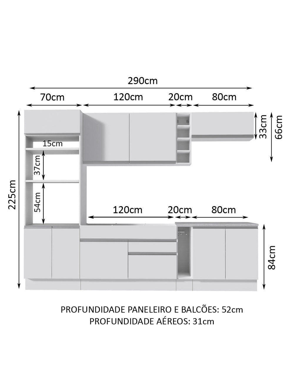 Armário de Cozinha Completa 290cm Branco Vicenza Madesa